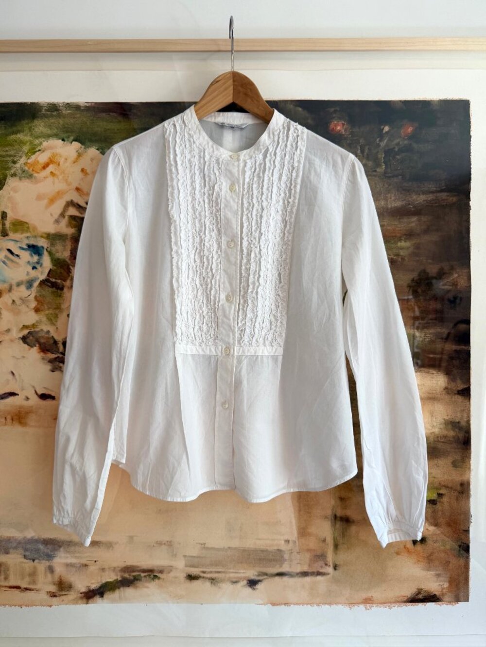 Loro Piana cotton button-down ruffled bib front tuxedo blouse